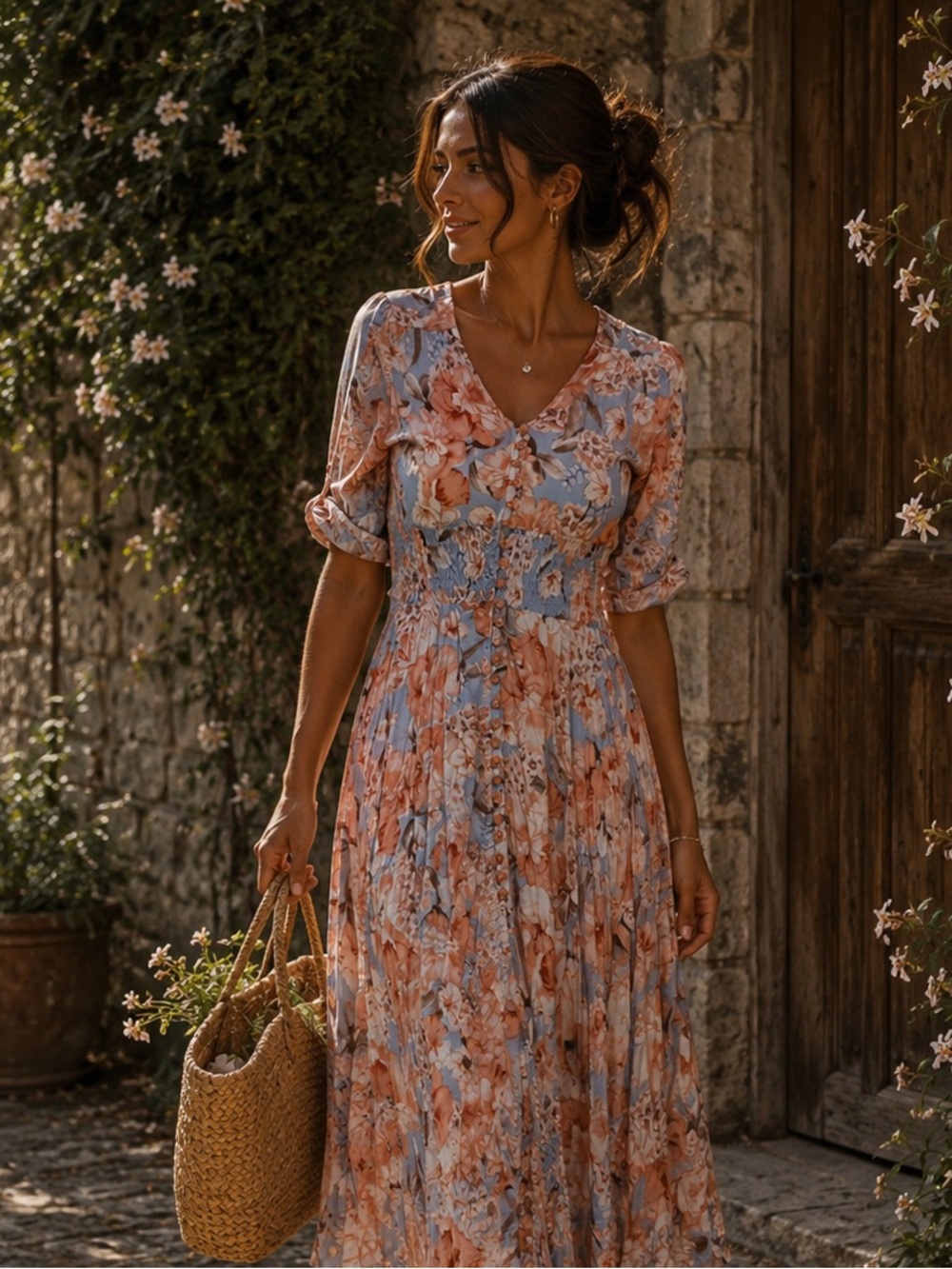 Jaase Floral Maxi Dress in Peach and Sky Blue
